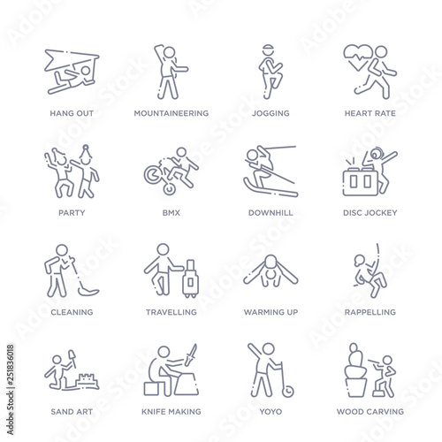 set of 16 thin linear icons such as wood carving, yoyo, knife making, sand art, rappelling, warming up, travelling from activity and hobbies collection on white background, outline sign icons or