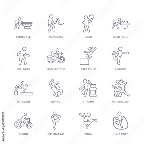 set of 16 thin linear icons such as jump rope, yoga, ice skating, biking, martial art, vitamin, diving from activity and hobbies collection on white background, outline sign icons or symbols