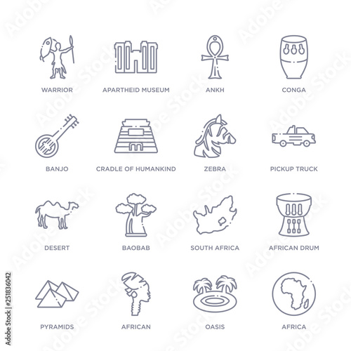 set of 16 thin linear icons such as africa, oasis, african, pyramids, african drum, south africa, baobab from africa collection on white background, outline sign icons or symbols