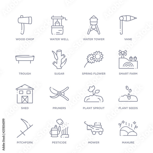 set of 16 thin linear icons such as manure, mower, pesticide, pitchfork, plant seeds, plant sprout, pruners from agriculture farming collection on white background, outline sign icons or symbols
