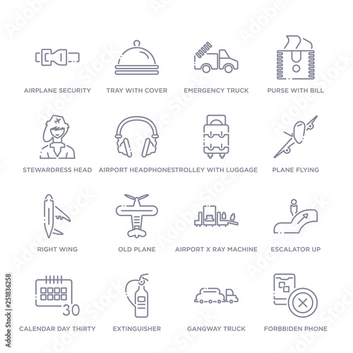 set of 16 thin linear icons such as forbbiden phone, gangway truck, extinguisher, calendar day thirty, escalator up, airport x ray machine, old plane from airport terminal collection on white