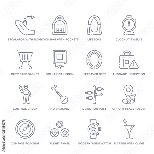 set of 16 thin linear icons such as martini with olive, modern wirstwatch, flight panel, compass pointing north east, airport placeholder, direction post, no smoking from airport terminal collection
