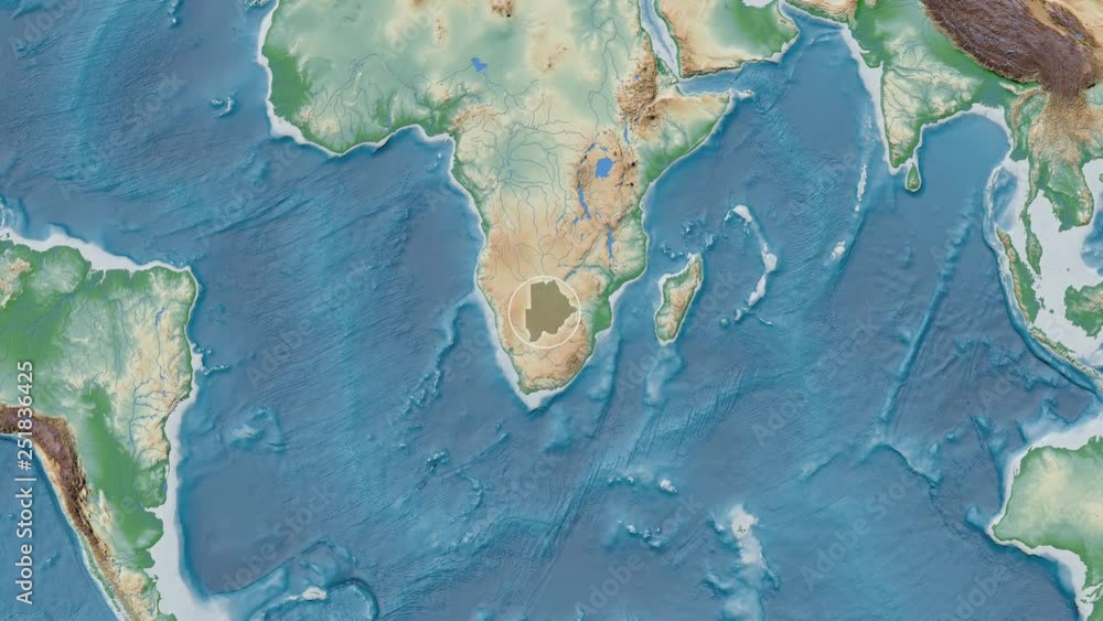 Botswana area presented against the global physical map in the Fahey projection with animated oblique transformation Botswana area presented against the global physical map in the Fahey projection with animated oblique transformation
