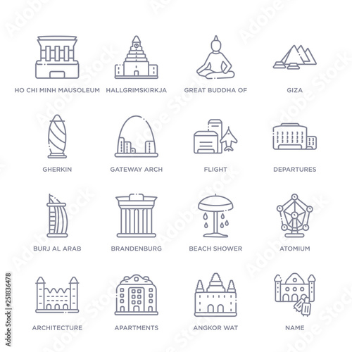 set of 16 thin linear icons such as name, angkor wat, apartments, architecture, atomium, beach shower, brandenburg from architecture and travel collection on white background, outline sign icons or