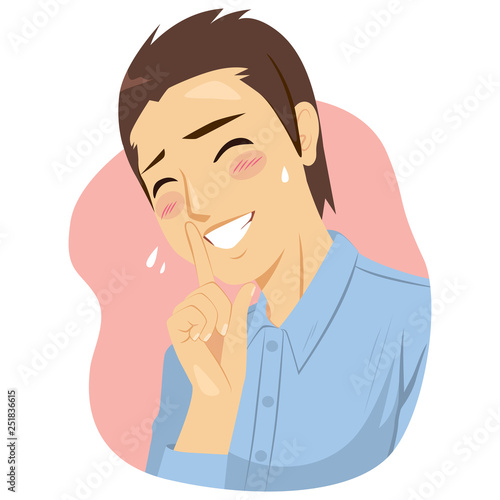 Illustration of insecure shy man making silence quiet hand gesture with finger in front of mouth