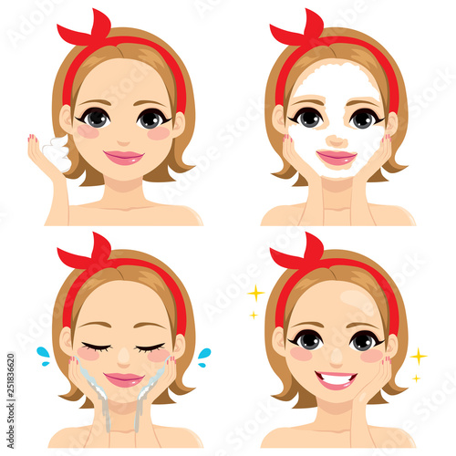 Illustration of four female facial mask beauty cream treatment steps