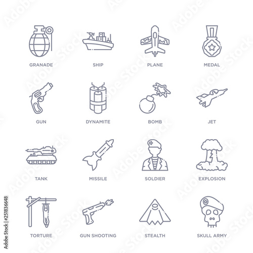 set of 16 thin linear icons such as skull army, stealth, gun shooting, torture, explosion, soldier, missile from army and war collection on white background, outline sign icons or symbols