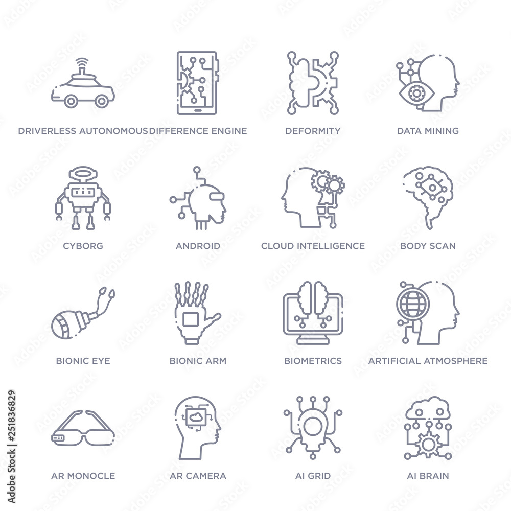 set of 16 thin linear icons such as ai brain, ai grid, ar camera, ar monocle, artificial atmosphere, biometrics, bionic arm from artificial intellegence collection on white background, outline sign set of 16 thin linear icons such as ai brain, ai grid, ar camera, ar monocle, artificial atmosphere, biometrics, bionic arm from artificial intellegence collection on white background, outline sign