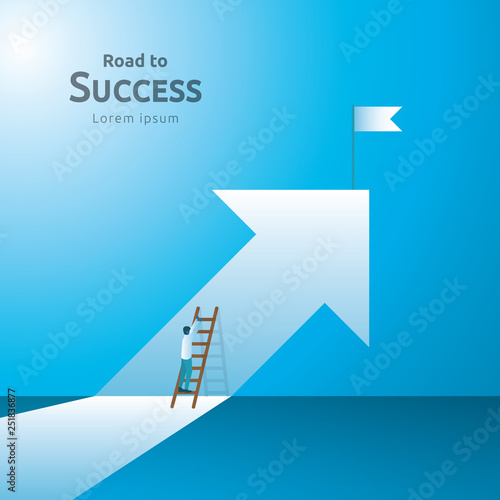 Business concept of achievement success with climbing stair and goal flag on top. Finance successful vision target. growth rising up arrow. flat style illustration of leadership and talent employer