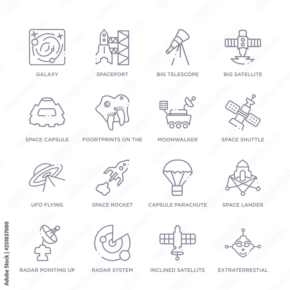 Fototapeta premium set of 16 thin linear icons such as extraterrestial head, inclined satellite, radar system, radar pointing up, space lander, capsule parachute, space rocket from astronomy collection on white