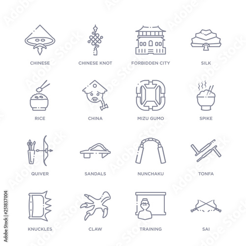 set of 16 thin linear icons such as sai, training, claw, knuckles, tonfa, nunchaku, sandals from asian collection on white background, outline sign icons or symbols photo