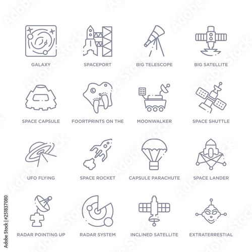 set of 16 thin linear icons such as extraterrestial head, inclined satellite, radar system, radar pointing up, space lander, capsule parachute, space rocket from astronomy collection on white