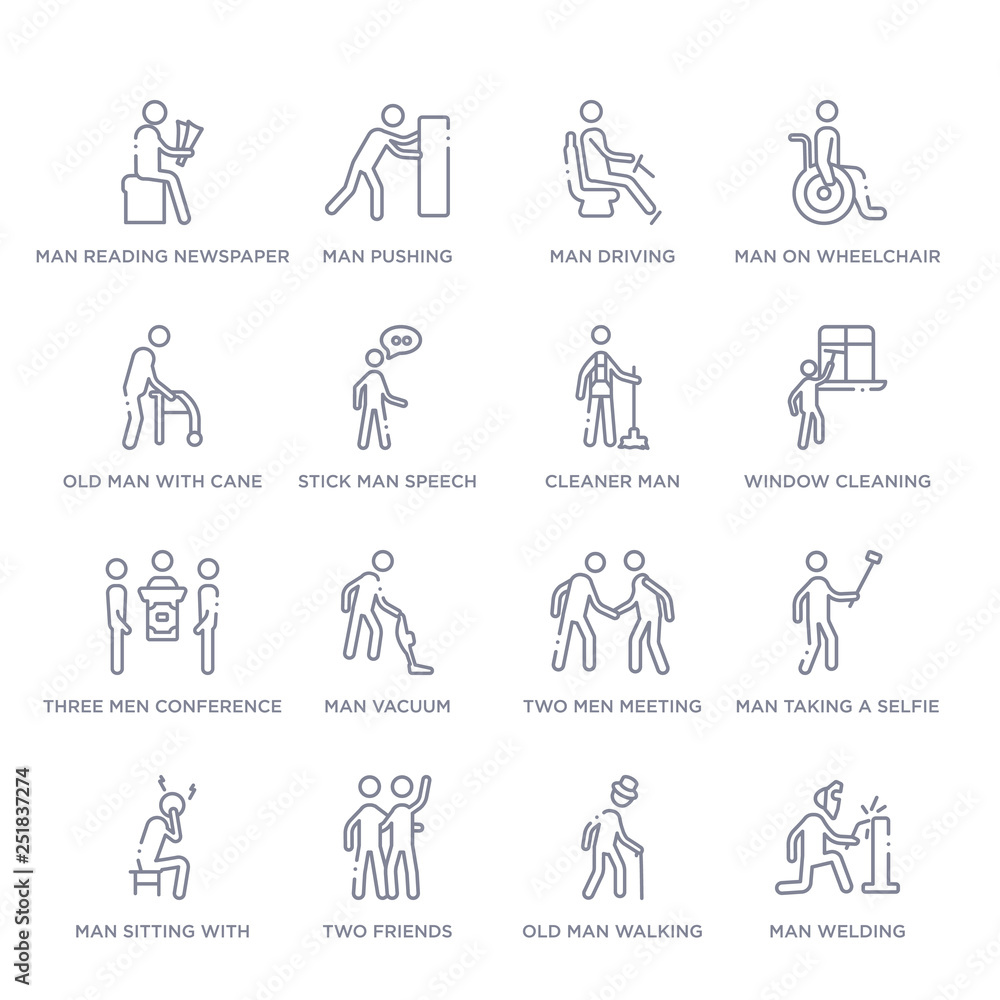 set of 16 thin linear icons such as man welding, old man walking, two friends, man sitting with headache, taking a selfie, two men meeting, vacuum from behavior collection on white background, set of 16 thin linear icons such as man welding, old man walking, two friends, man sitting with headache, taking a selfie, two men meeting, vacuum from behavior collection on white background,