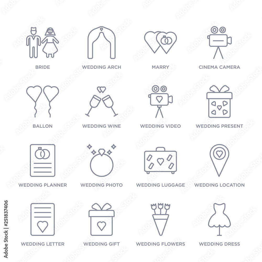 set of 16 thin linear icons such as wedding dress, wedding flowers, wedding gift, letter, location, luggage, photo from birthday party collection on white background, outline sign icons or symbols set of 16 thin linear icons such as wedding dress, wedding flowers, wedding gift, letter, location, luggage, photo from birthday party collection on white background, outline sign icons or symbols