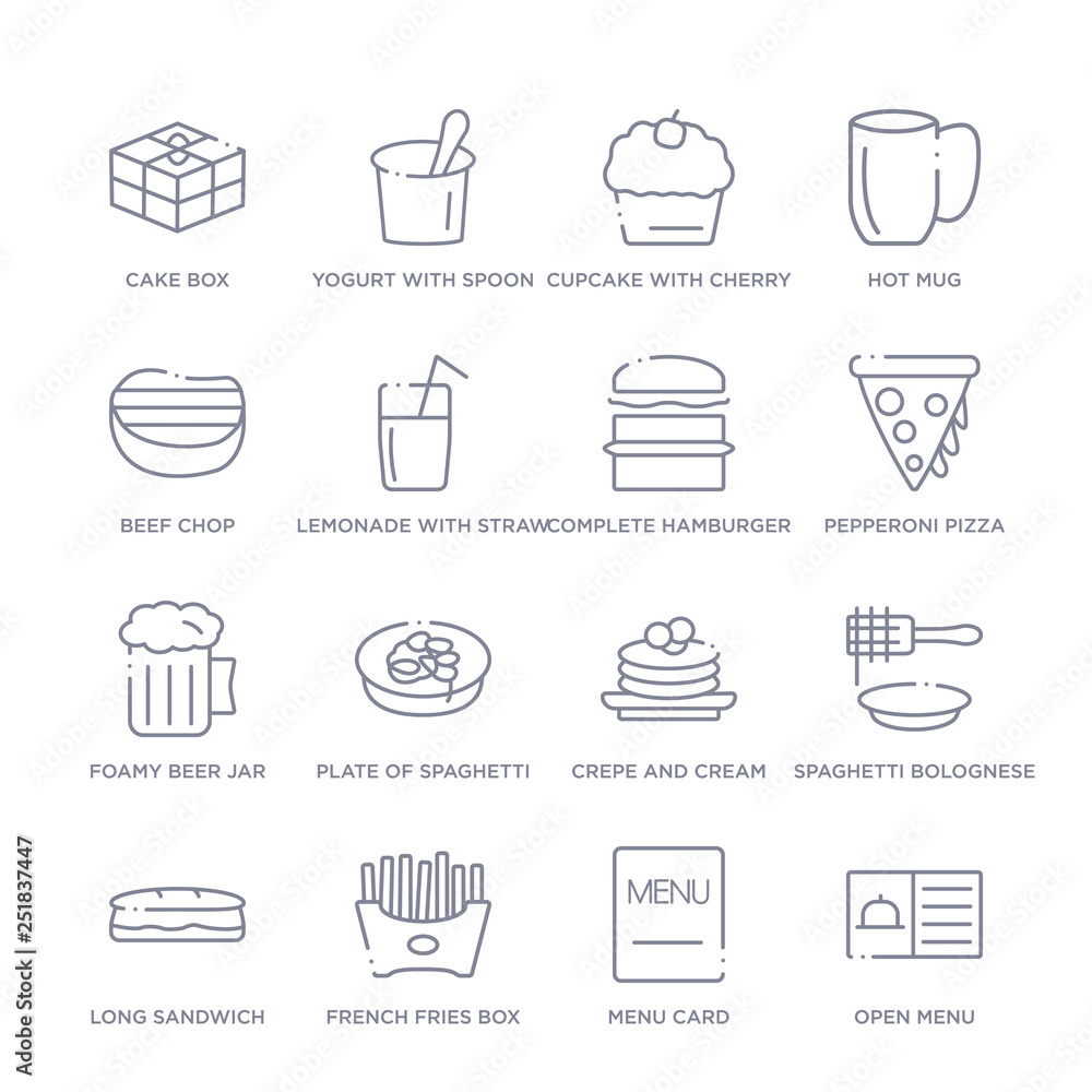 set of 16 thin linear icons such as open menu, menu card, french fries box, long sandwich, spaghetti bolognese, crepe and cream, plate of spaghetti from bistro and restaurant collection on white set of 16 thin linear icons such as open menu, menu card, french fries box, long sandwich, spaghetti bolognese, crepe and cream, plate of spaghetti from bistro and restaurant collection on white