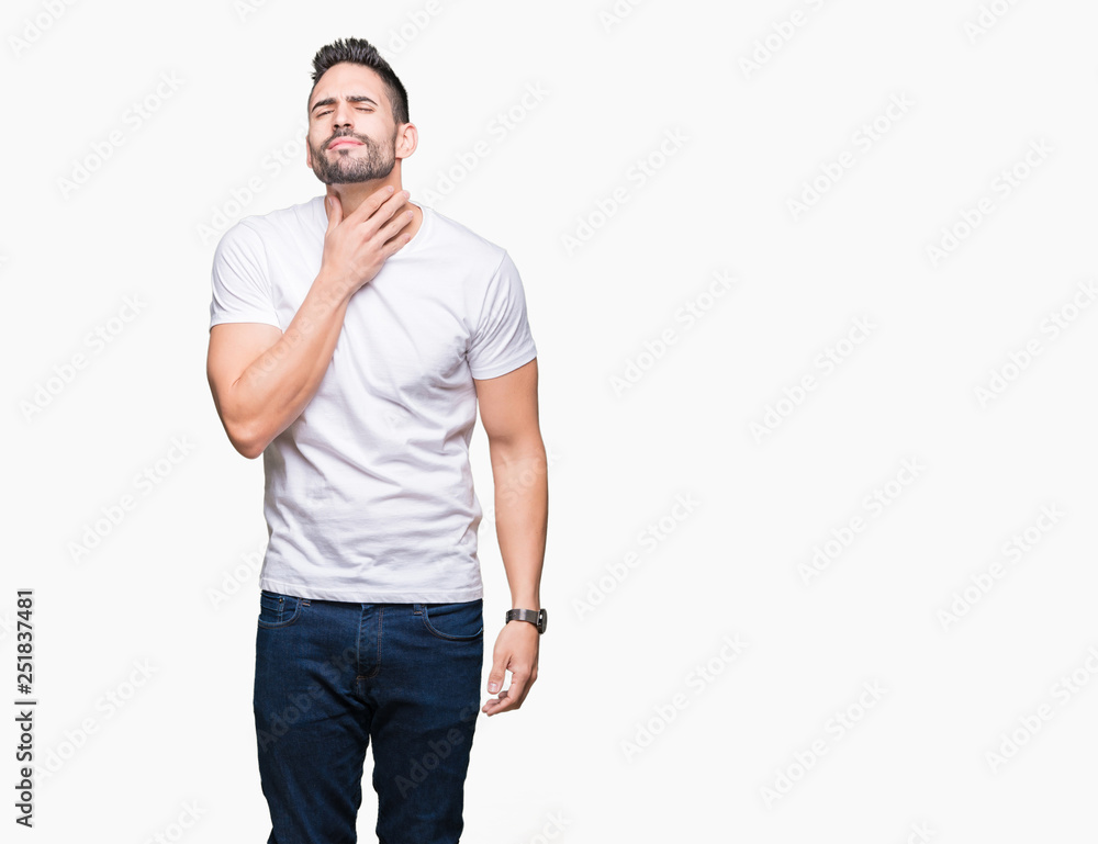 Handsome man wearing white t-shirt over white isolated background Touching painful neck, sore throat for flu, clod and infection Handsome man wearing white t-shirt over white isolated background Touching painful neck, sore throat for flu, clod and infection