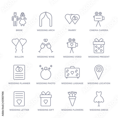 set of 16 thin linear icons such as wedding dress, wedding flowers, wedding gift, letter, location, luggage, photo from birthday party collection on white background, outline sign icons or symbols
