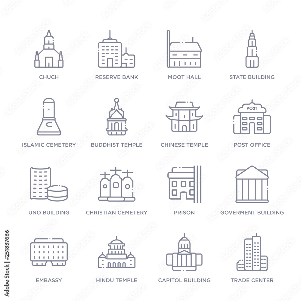 set of 16 thin linear icons such as trade center, capitol building, hindu temple, embassy, goverment building, prison, christian cemetery from buildings collection on white background, outline sign