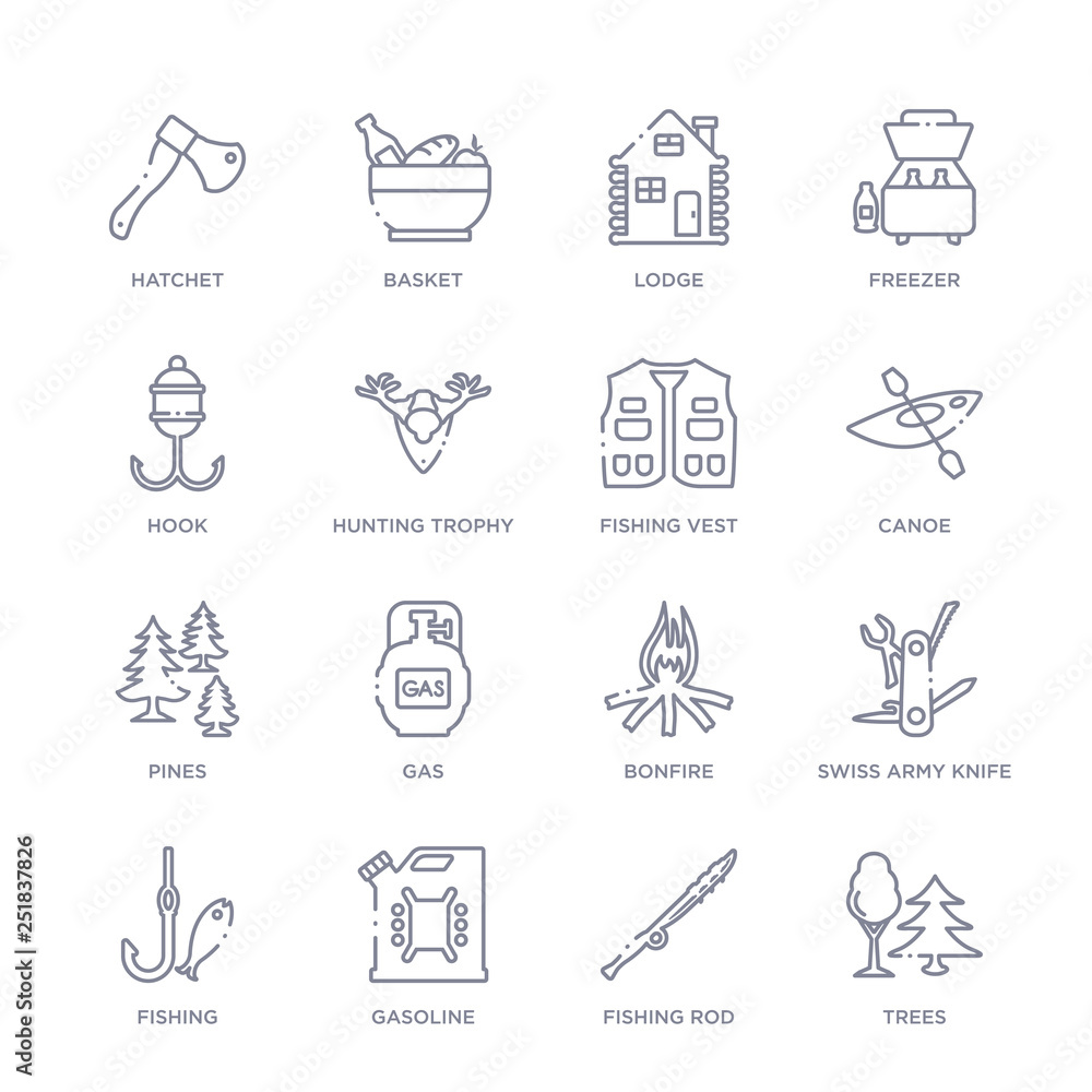 set of 16 thin linear icons such as trees, fishing rod, gasoline, fishing, swiss army knife, bonfire, gas from camping collection on white background, outline sign icons or symbols