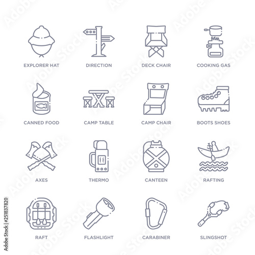 set of 16 thin linear icons such as slingshot, carabiner, flashlight, raft, rafting, canteen, thermo from camping collection on white background, outline sign icons or symbols