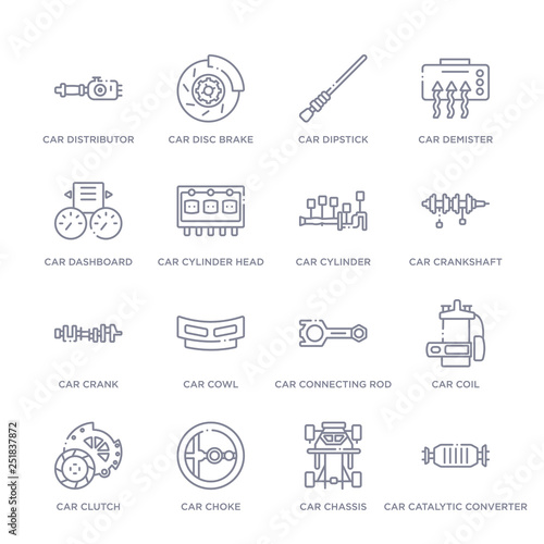 set of 16 thin linear icons such as car catalytic converter, car chassis, car choke, clutch, coil, connecting rod, cowl from parts collection on white background, outline sign icons or symbols