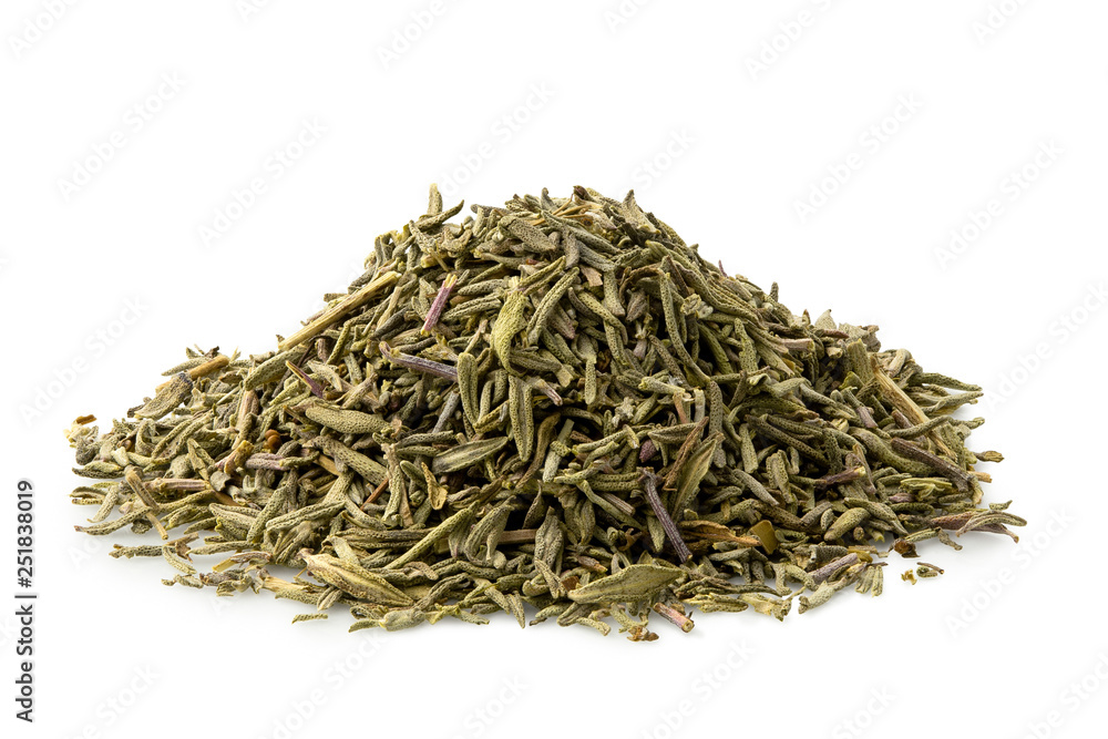 A pile of dried rubbed thyme isolated on white. A pile of dried rubbed thyme isolated on white.