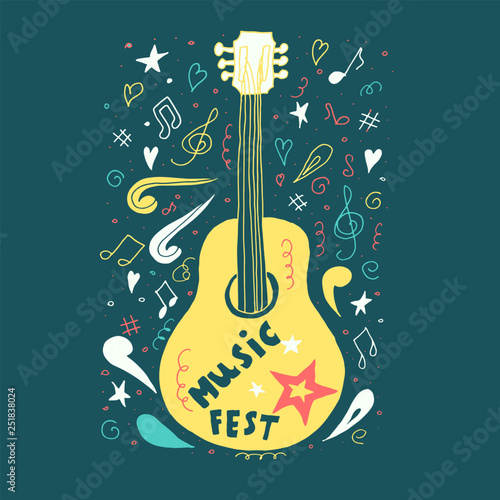 Acoustic guitar in hand drawn style. Vector illustration for music festival, T-shirt, clothes.