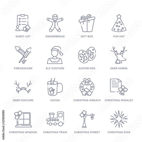 set of 16 thin linear icons such as christmas star, christmas street light, christmas train, window, wishlist, wreath, cocoa from collection on white background, outline sign icons or symbols