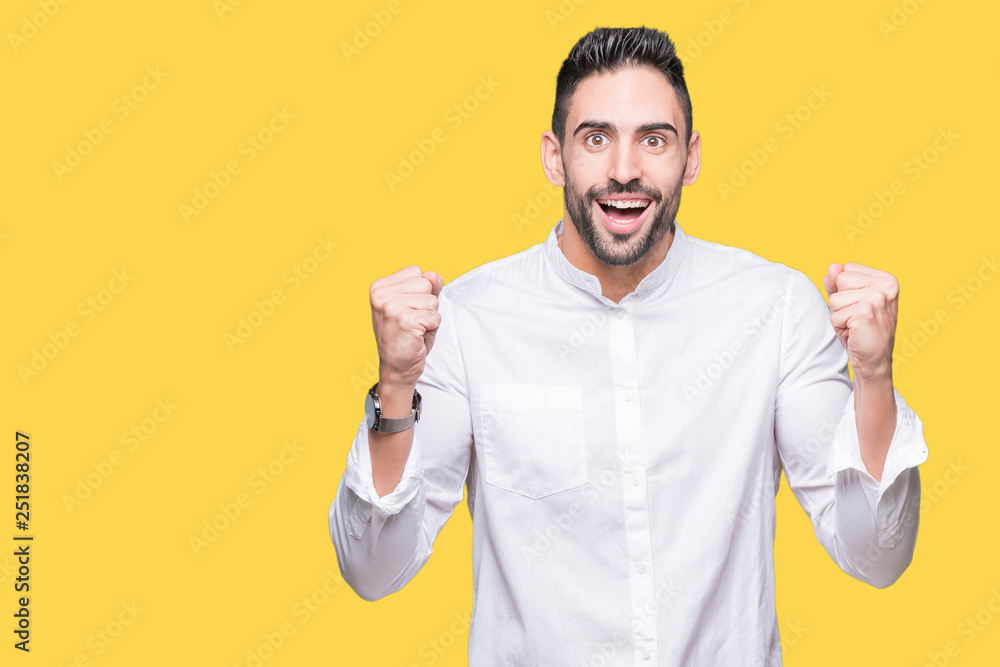 Young business man over isolated background celebrating surprised and amazed for success with arms raised and open eyes. Winner concept. Young business man over isolated background celebrating surprised and amazed for success with arms raised and open eyes. Winner concept.