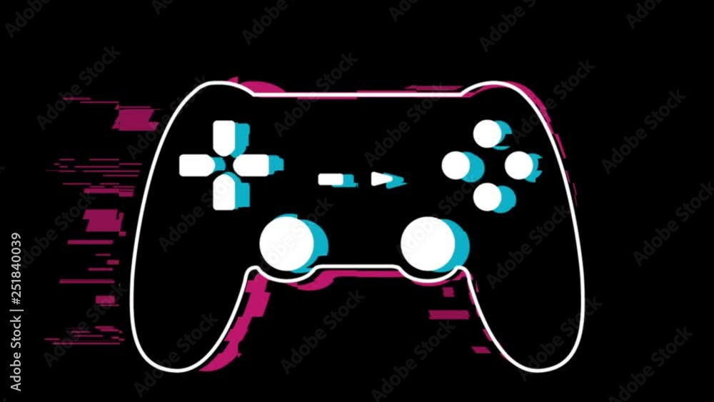 Abstract gamepad on a black background with glitch effects. Futuristic game background with animation.