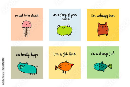 Colorful set sad and depressive animals hand drawn illustration