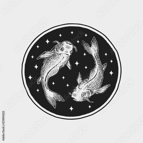 Pisces Zodiac icon. Astrology horoscope with sign. Calendar template. Collection outline animals. Classic vintage style. Engraved hand drawn sketch.