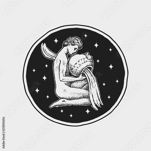 Aquarius Zodiac icon. Astrology horoscope with sign. Calendar template. Collection outline animals. Classic vintage style. Engraved hand drawn sketch.