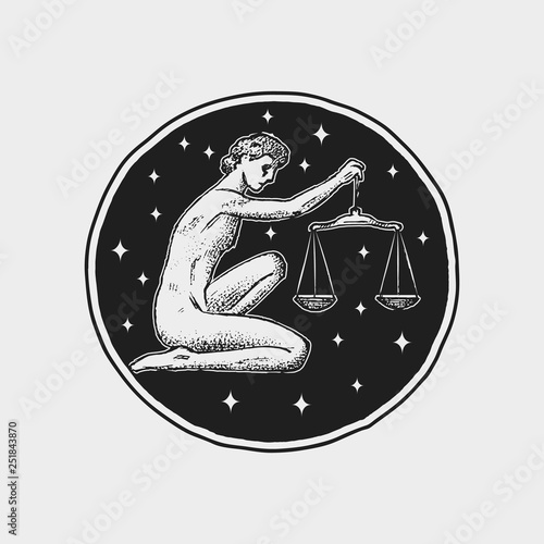 Libra Zodiac icon. Astrology horoscope with sign. Calendar template. Collection outline animals. Classic vintage style. Engraved hand drawn sketch.
