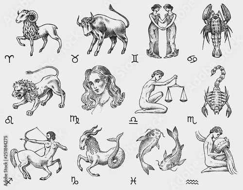 Zodiac icons. Astrology horoscope with signs. Calendar template. Collection outline animals. Vintage style. Libra Scorpio Sagittarius Capricorn Aquarius Pisces. Aries Taurus Gemini Cancer Leo Virgo. photo