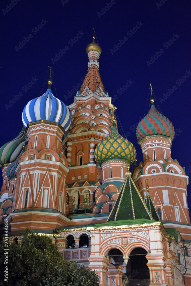 Saint Basils cathedral on the Red Square in Moscow. Color night photo.