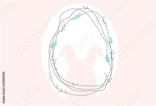 Easter white egg with rabbit ears and branches on pink background. Vector illustration