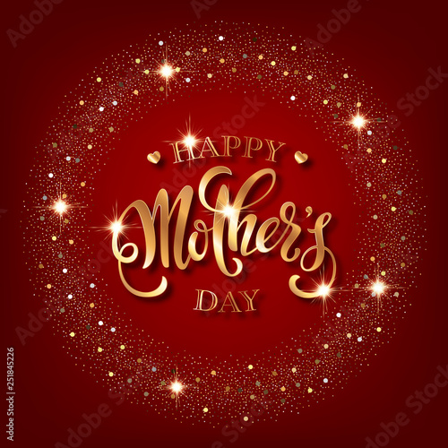 Mothers day greeting card. Handwritten message on red background with golden confetti