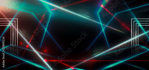Empty stage background in purple color, spotlights, neon rays. Abstract background of neon lines and rays. Product showcase spotlight background. Clean photographer studio.