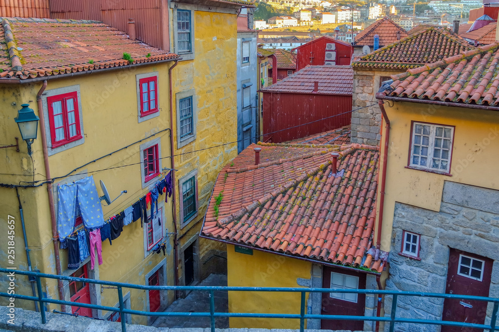 Traditional Colorful buildings and Facades in the historical center of Porto