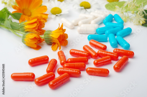   Medical capsules and medicinal flowers on white