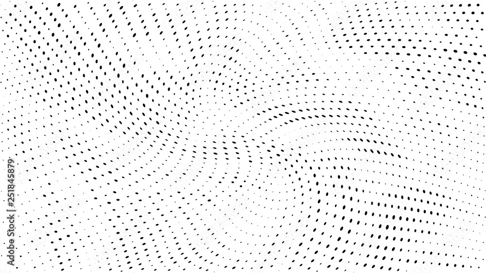 Halftone gradient pattern. Abstract halftone dots background. Monochrome dots pattern. Grunge wave texture. Pop Art Comic small dots. Radial twisted dots. Design for presentation, report, flyer, cover