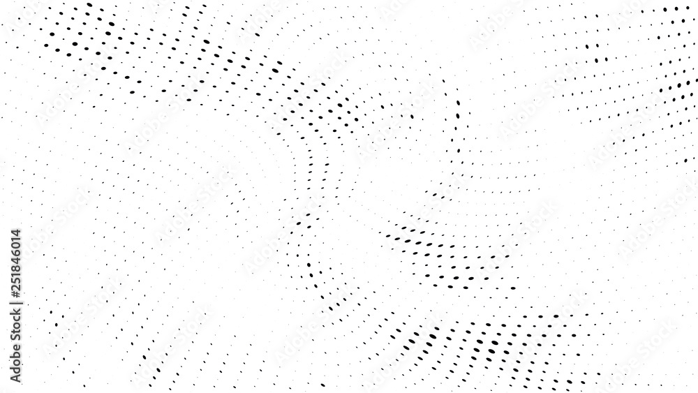 Halftone gradient pattern. Abstract halftone dots background. Monochrome dots pattern. Grunge wave texture. Pop Art Comic small dots. Radial twisted dots. Design for presentation, report, flyer, cover