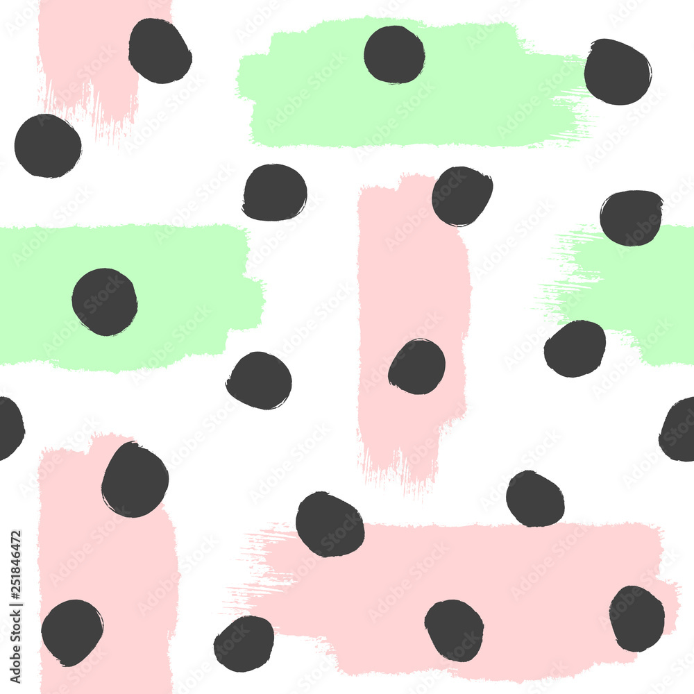 Fototapeta premium Repeated brush strokes and round spots. Abstract watercolor seamless pattern. Grunge, sketch, paint. White, pink, green, black.