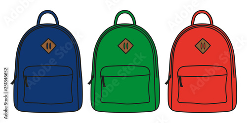 Set colorful school backpacks. Backpacks for schoolchildren, students, travellers and tourists. Vector illustrations