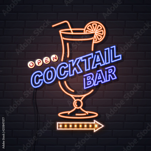 Neon sign cocktail bar on brick wall background. Vintage electric signboard. photo