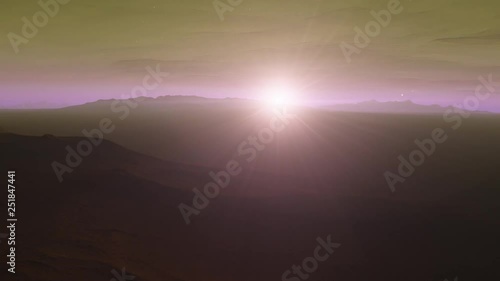 4K cloudy sky landscape Exoplanet 3D illustration dawn in the mountains (Elements of this image furnished by NASA) purple beautiful yellow sunrise