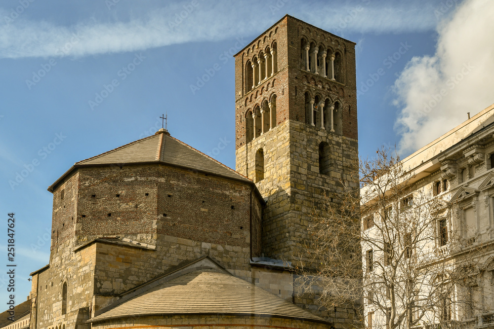 Back of the medieval church of St Stephen (972), one of the most outstanding examples of Romanesque architecture of Genoa, Liguria, Italy