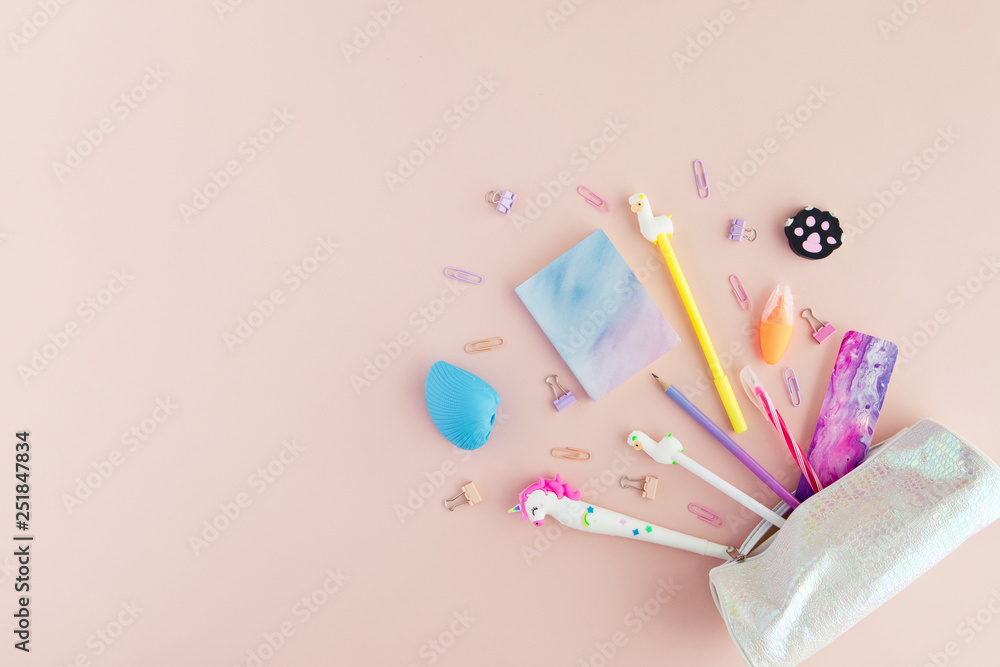 School office supplies background. Back to school. Pastel color stationery  flat lay, top view. Stock Photo by rawf8