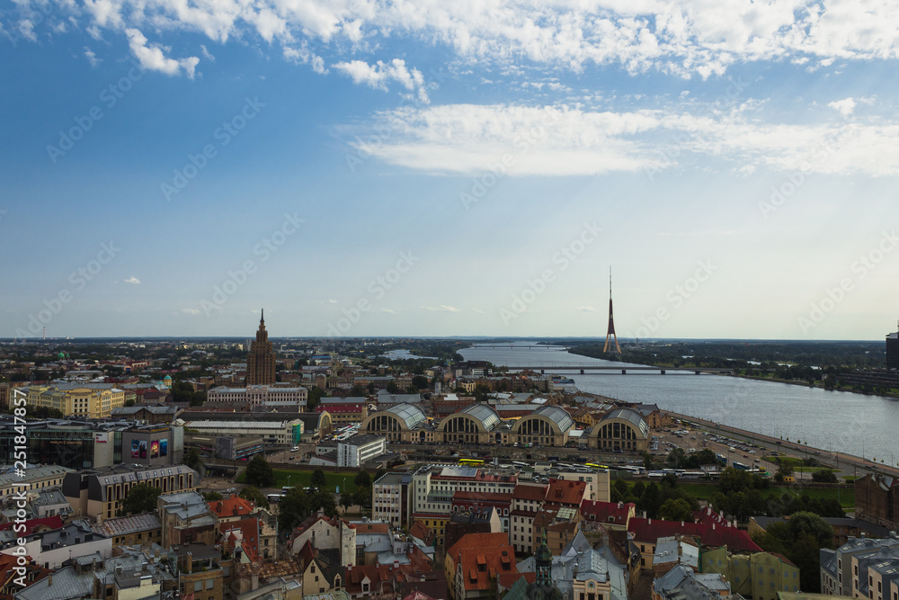 View of Riga from St Peter's Church Tower towards the TV tower and the Latvian Academy of Sciences during autumn (Riga, Latvia, Europe)